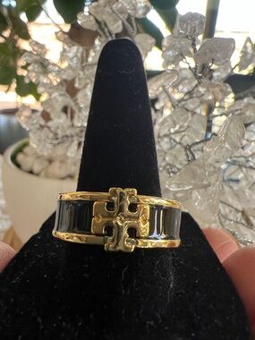 Tory Burch Black Enamel and Gold Logo Ring Size 8